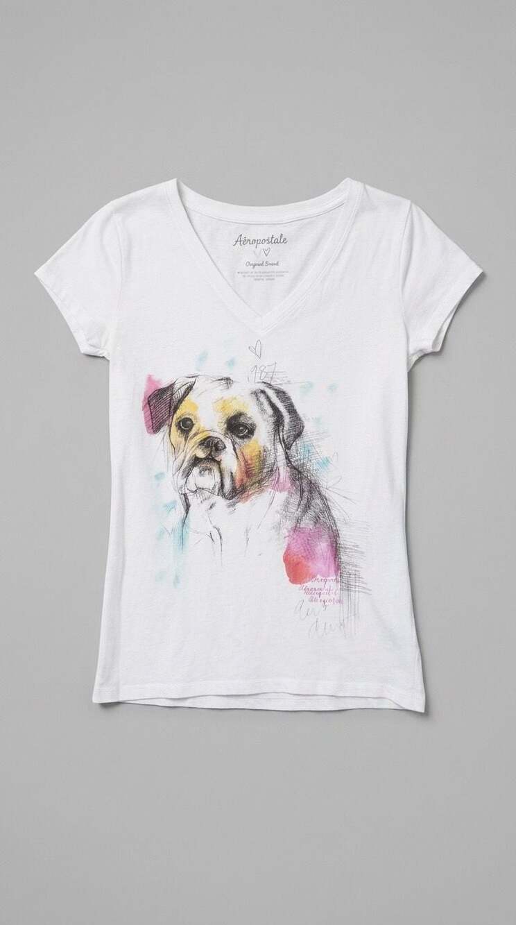Aeropostale Bulldog Dog Graphic V-Neck T-Shirt White Large